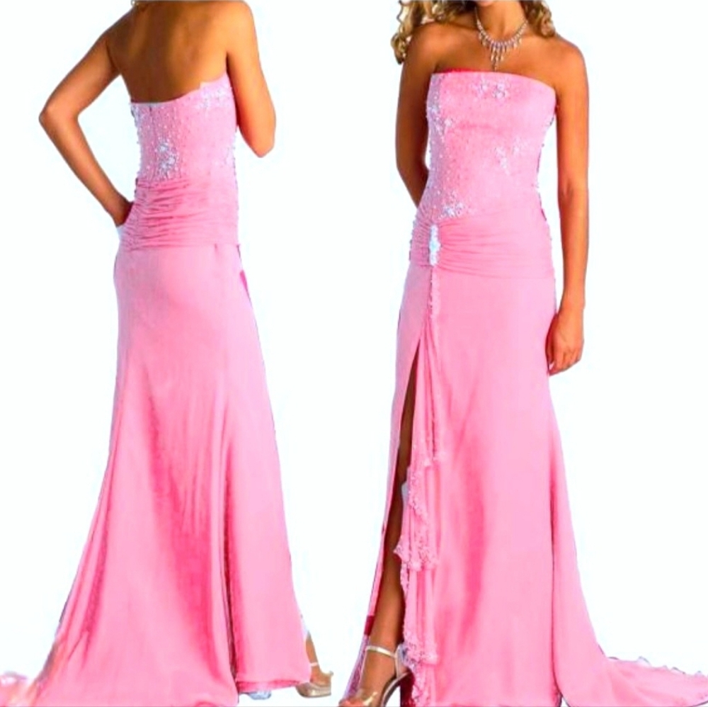 Tiffany Design Strapless Pink Beaded Floral Lace Chiffon Front Slit Evening Gown